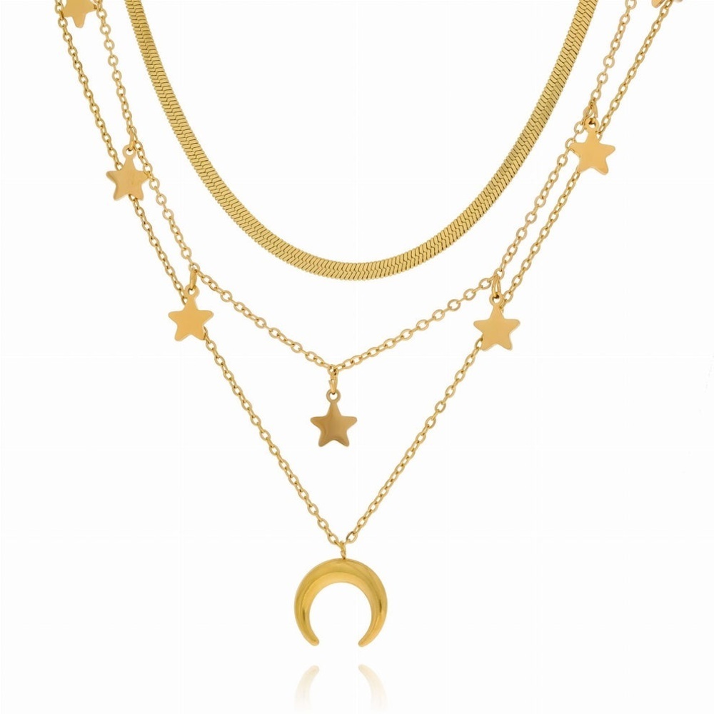 18K Gold Moon & Stars Celestial Bohemian Vintage Style Layered Necklace No Fade - Picture 6 of 14